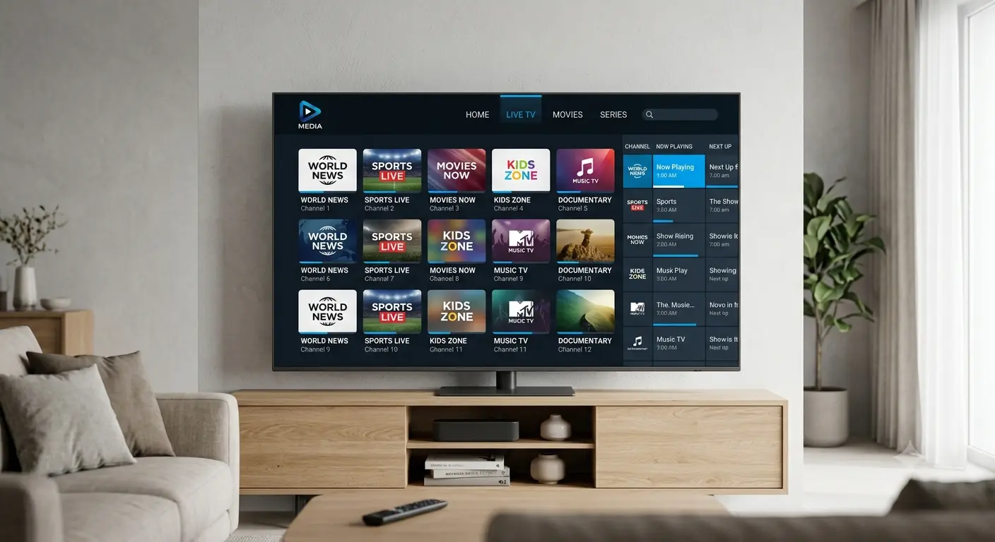 Schermafbeelding van de IBO Player interface met kanalenlijst