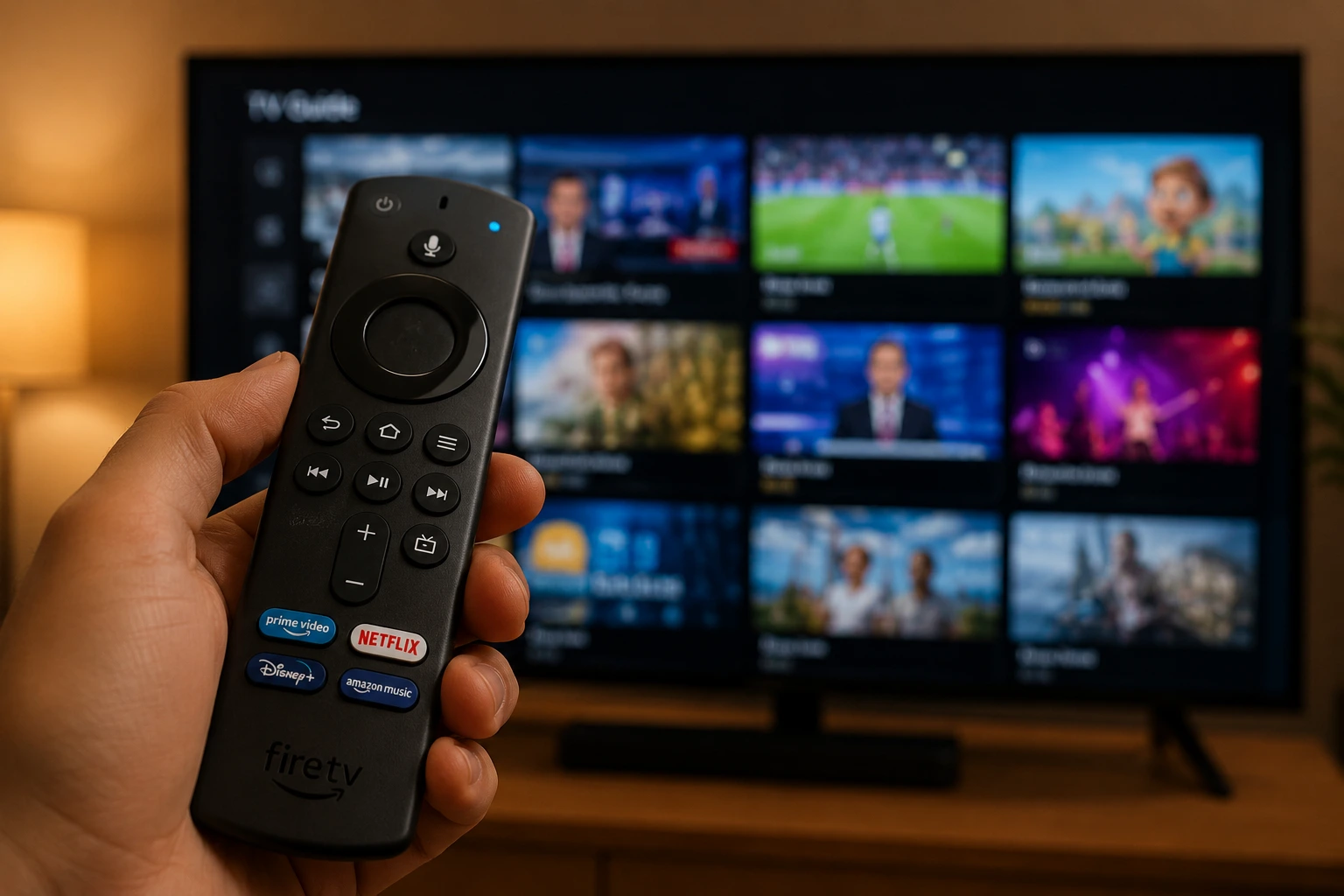 Firestick afstandsbediening met kanalengids op televisiescherm