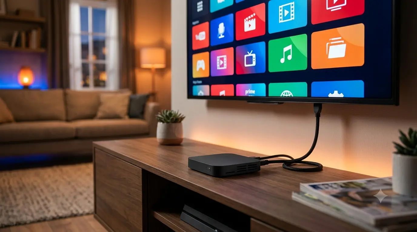Android tv box aangesloten op televisie voor IPTV streaming