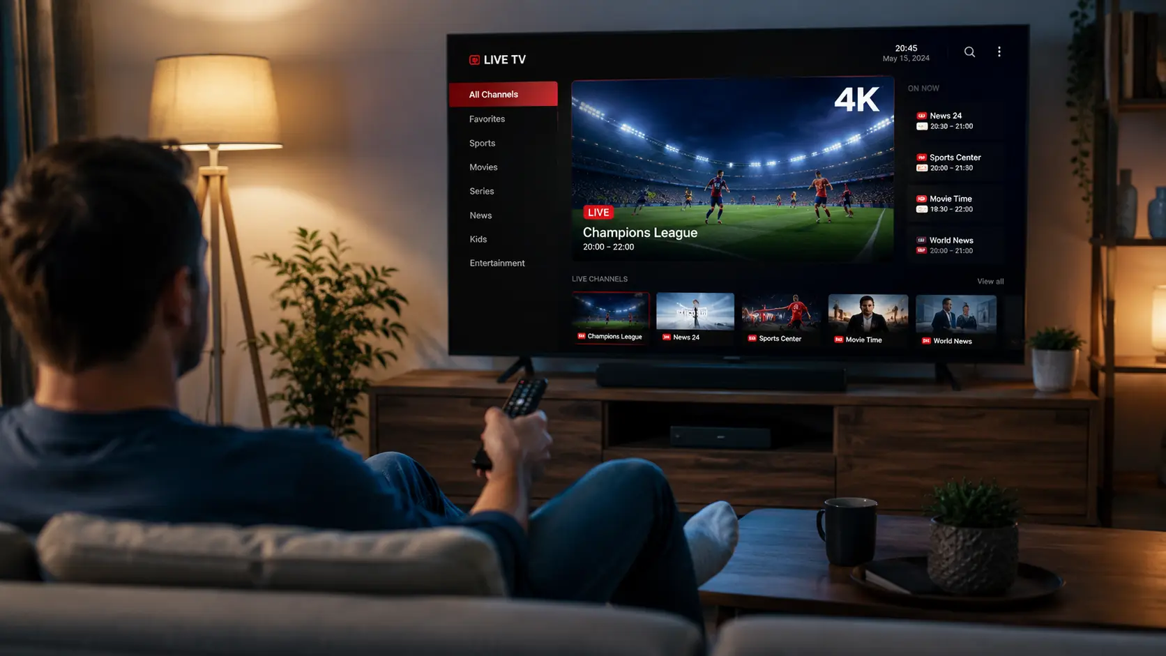 Persoon die ontspannen 4K IPTV kijkt via een kastje in de woonkamer