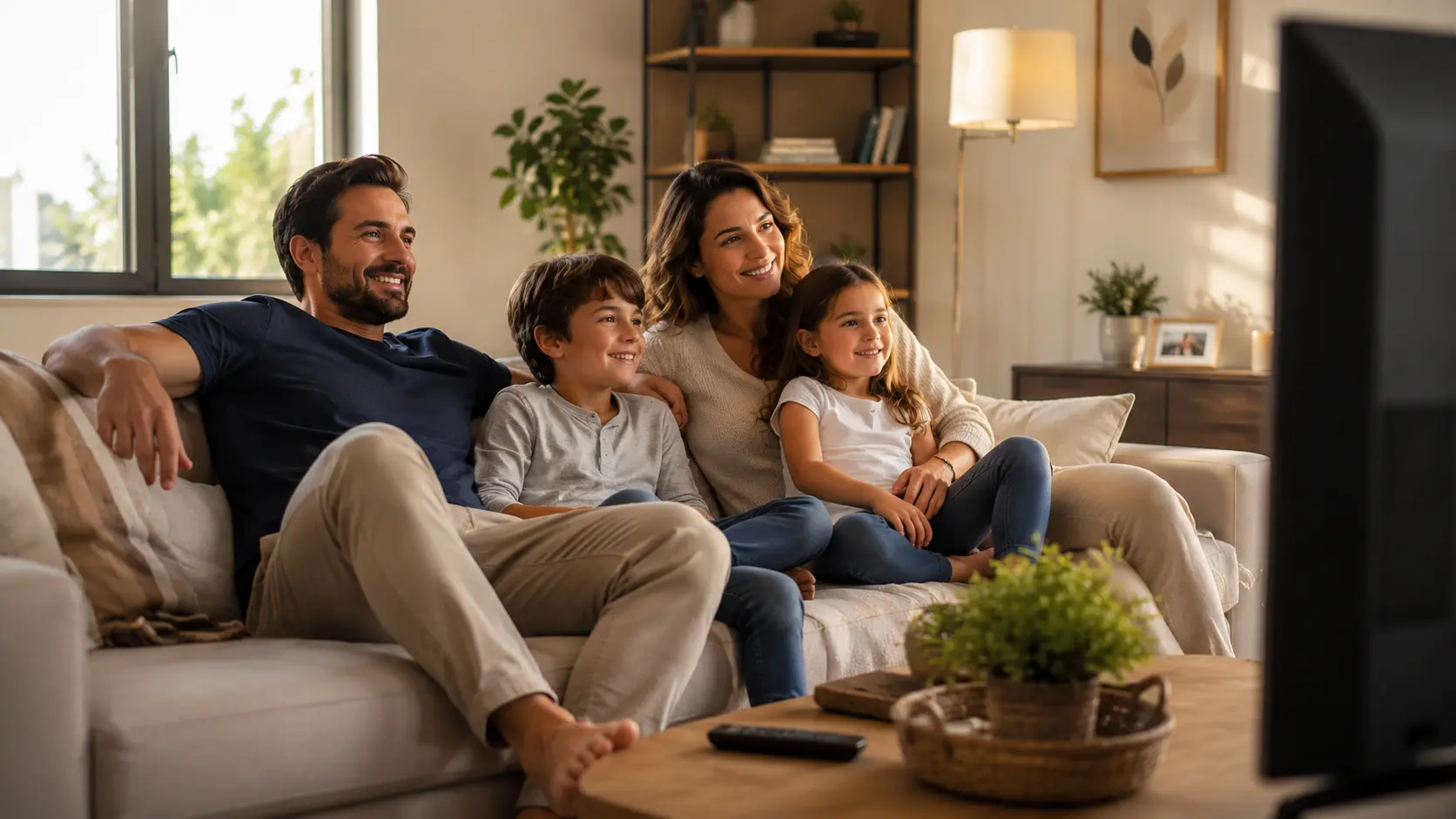 Gezin dat zorgeloos kijkt nu ze weten dat hun IPTV legaal is