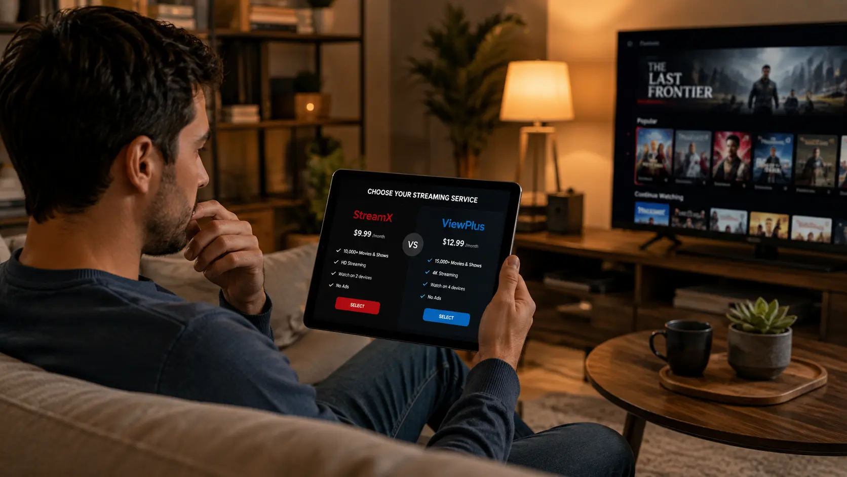 Persoon die twee IPTV-diensten vergelijkt op een tablet