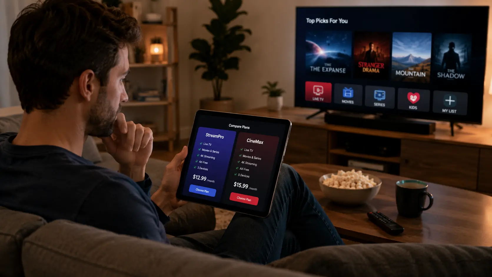 Persoon die Hakuna IPTV vergelijkt met een ander IPTV-abonnement op een tablet